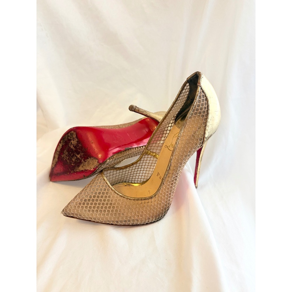 Christian Louboutin Follies Resille Gold Mesh Red Bottom Pumps Heels 36.5